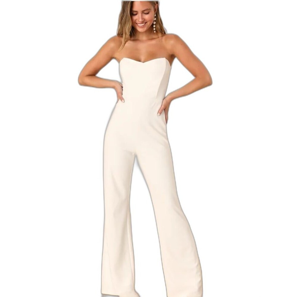 Lulu’s Fashionista Nights Ivory Strapless Bustier Wide-Leg Jumpsuit (XS) #339